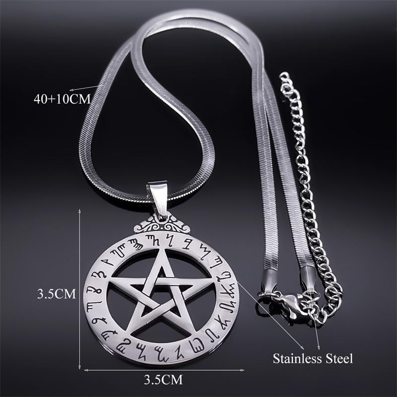 Witch Pentagram Necklace for Women Men Stainless Steel Silver Color Wicca Pagan Star Pentacle Alphabet Necklace Jewelry Bijoux