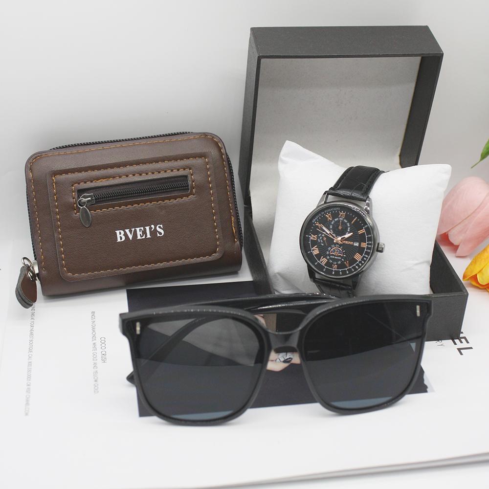 3pcs Set Quartz Wrist Watches Leather Pouch Men's Sunglasses Original Classic Personality Temperament Men's Watch for Outdoors