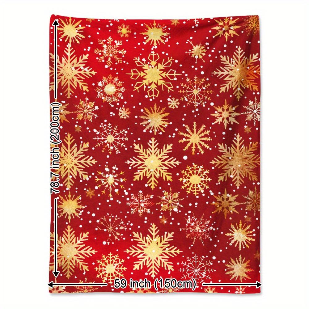1pc Cozy Vintage Christmas Snowflake Blanket - Soft Flannel with Golden Snowflake Print Red Background with White Dots