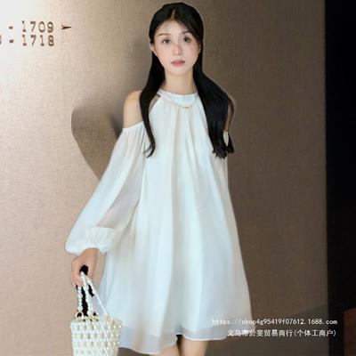 French Off-the-shoulder Dress New Summer New Lantern Sleeves Loose Design Long-sleeved Dress Children