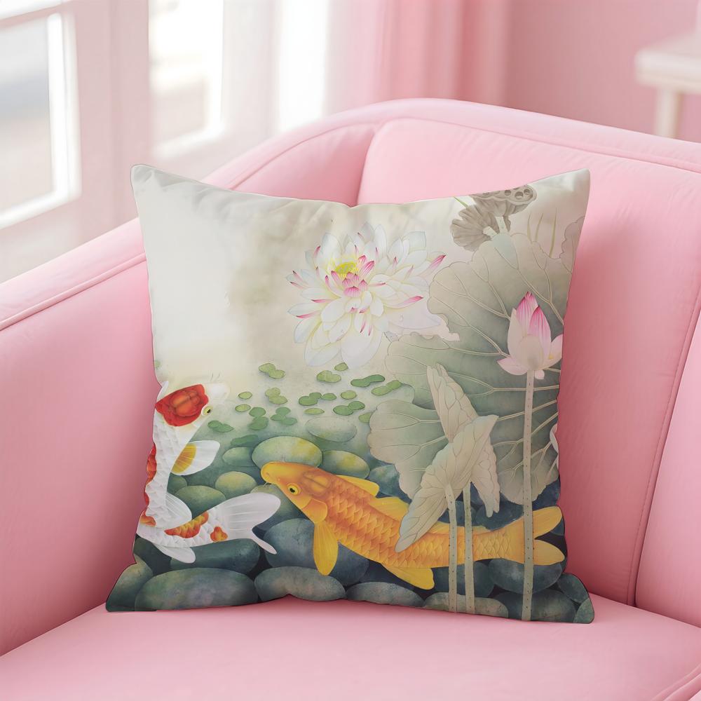 Natural Fun Koi Fish lotus Cushion Cover Pillow Case Soft Skin Friendly Fabric  Concealed Zipper