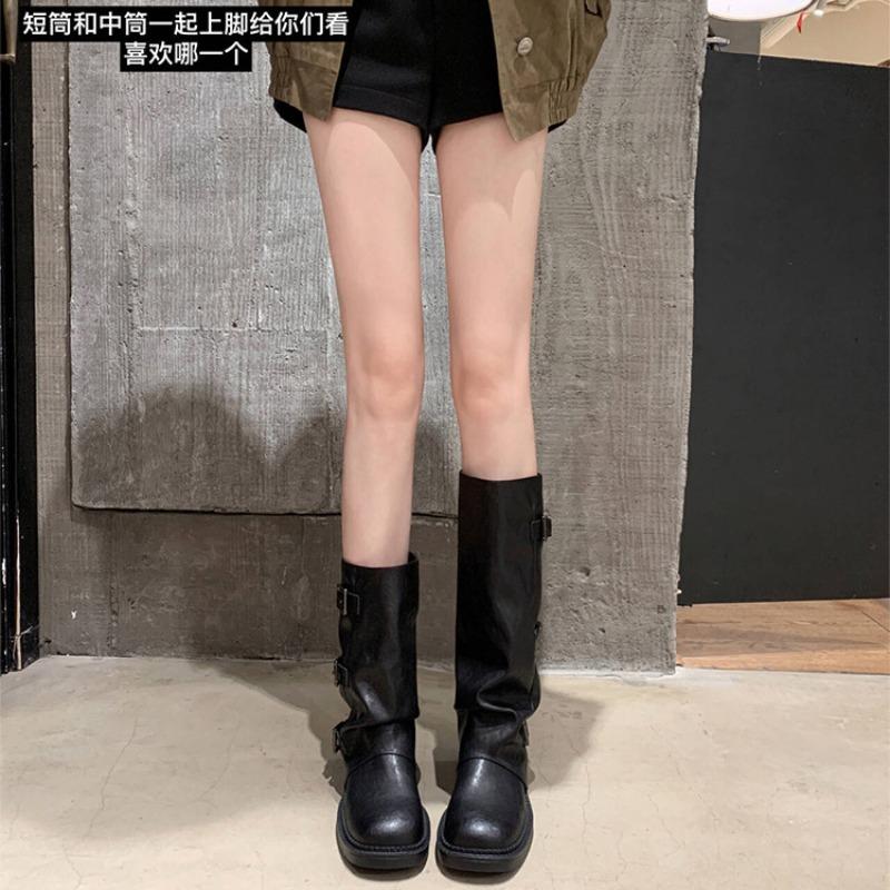 Spice Girls Pants Boots Thick-soled Heightening Medium Tube Belt Buckle Western Knight Boots Black Pile Boots Women