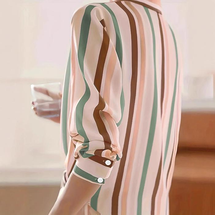 Ladies Casual Long Sleeve Lapel Contrasting Color Striped Printed Blouse Shirt Top