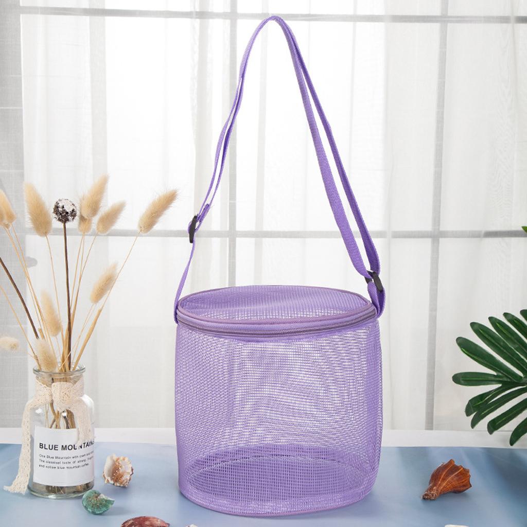 Zylindrische Netztasche mit Muscheldesign und verstellbarem Schultergurt, große Kapazität, Muschelsammelbeutel für den Strand, Blau