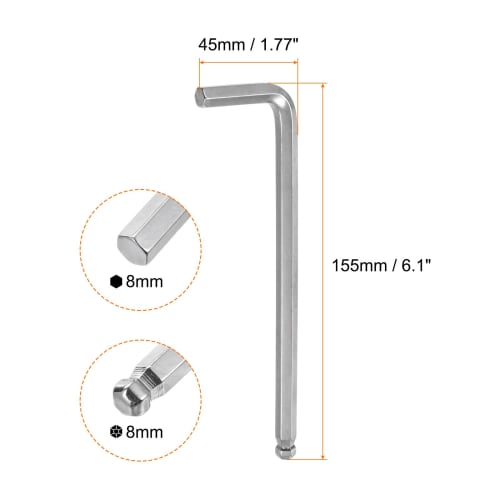 uxcell 8mm Hex Wrench, Ball Head L-Shaped Hex Key Set, Long, 155mm Total Length, Set of 4, Easy To Apply Force, For Tightening, DIY Tools