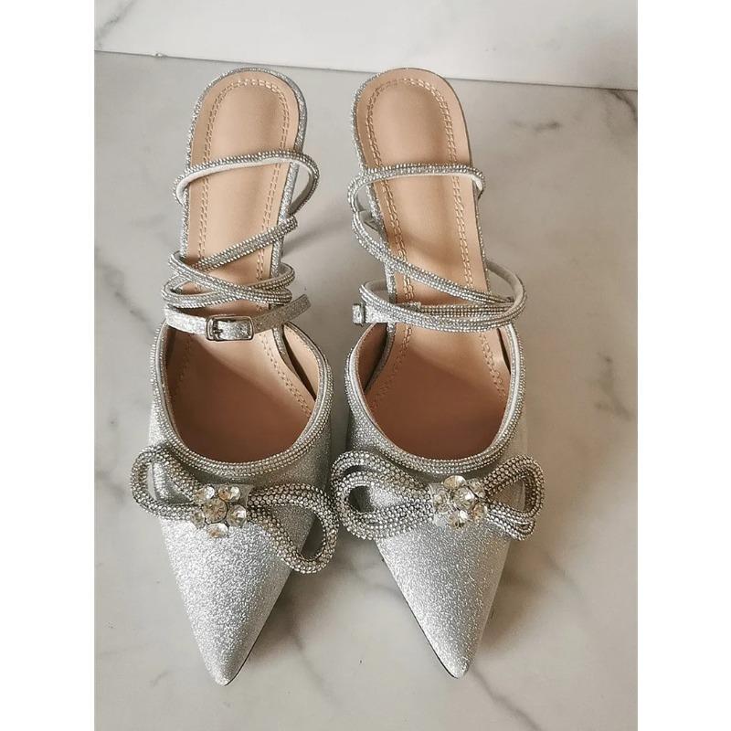 Soleist Glitter Rhinestones Women Pumps Crystal Bowknot Satin Sandals Summer Transparent Shoes High Heels Party Prom Designer Shoes