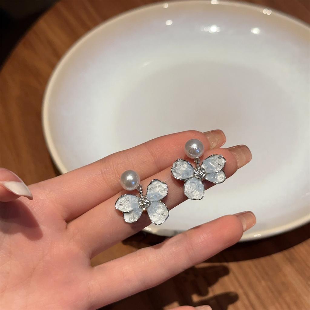 Silver needle cold blue flower pearl earrings women's new popular high-end stud earrings