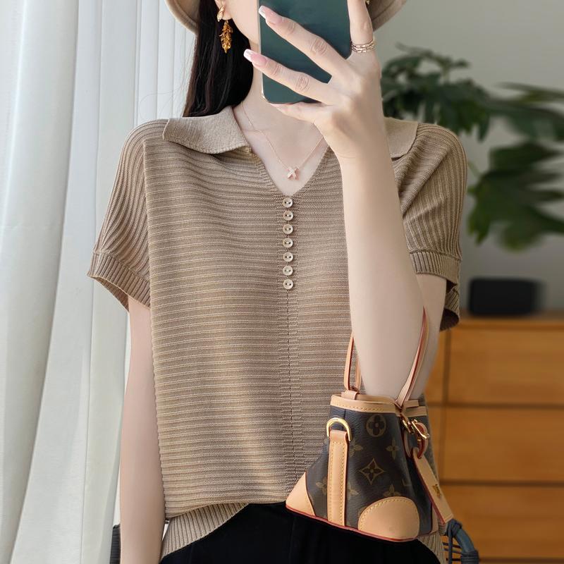 Women Knit T-shirt Summer Knitted Shirt Short Sleeve Tees Turn-down Collar Pullover Knit Tops Female