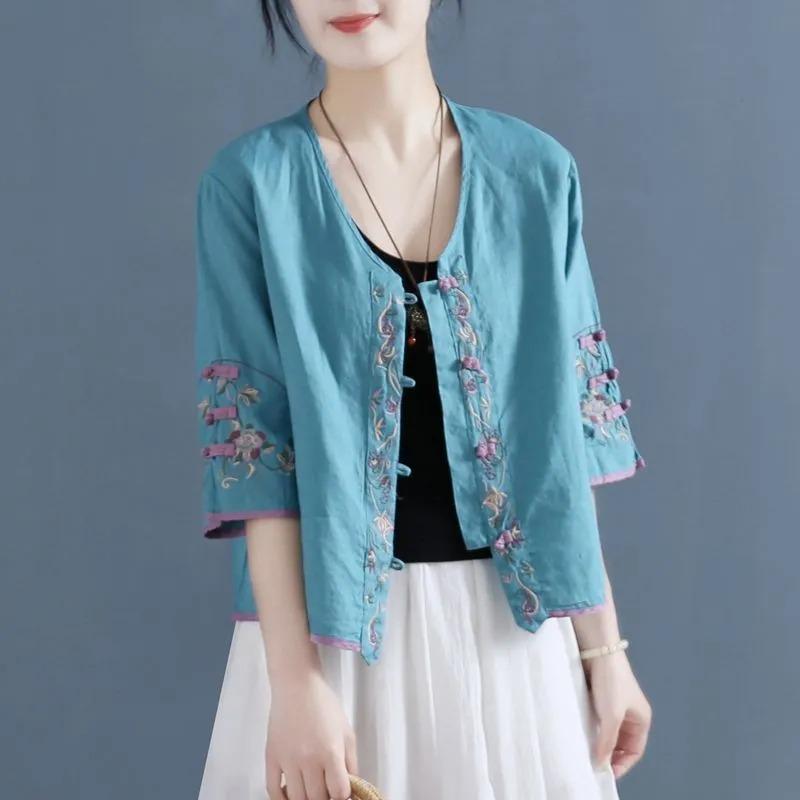 Retro Embroidered Plate Button Linen Cotton Shirt Women's Summer New Chinese Zen Tea Suit Loose Short V-neck Top