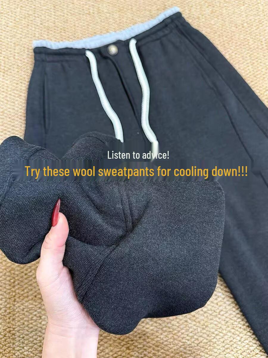Women s Dark Grey Wool Sweatpants - Winter Plus Velvet, Thickened, Warm, Slimming, Versatile, Loose Fit, Scissor Leg, Casual. Large