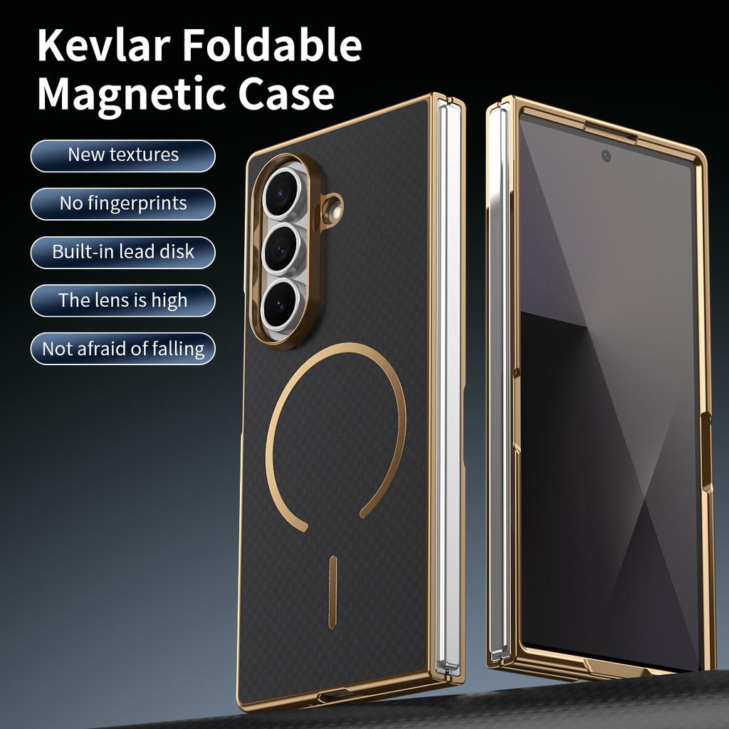 Plating Kavlar Magnetic Phone Case for Galaxy Z Fold 7/6 with Wireless Charging Compatible with Samsung -Includes Tempered Glass