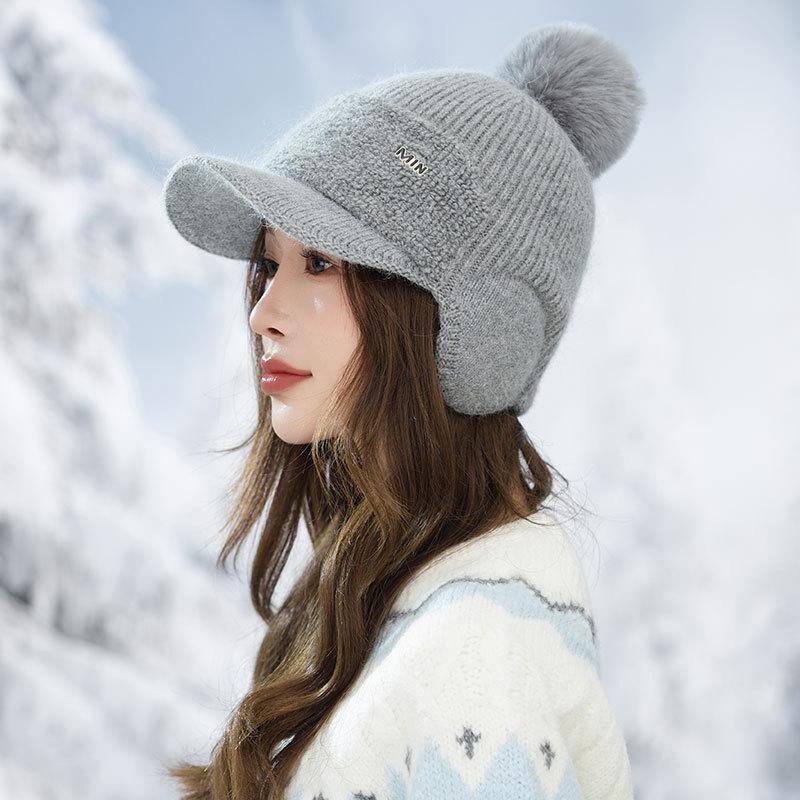 Saco de Orelha Tricotado em Lã, Chapéu Quente com Aba de Pato, Boné de Beisebol Feminino Plush Forrado à Prova de Vento para Outono e Inverno