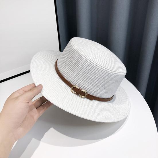 Panama Hat Women Men Faux Leather Buckle Straw Sun Hat French Style Flat-Top Style Wide Brim UV Protection Beach Hat