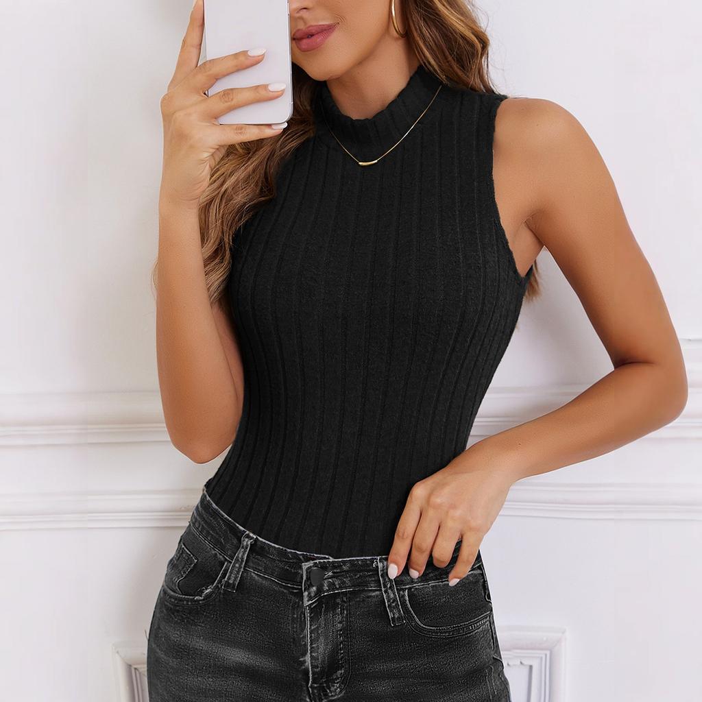 Women's Stripe Small Stand Up Collar Slim Fit Versatile Sleeveless Vest Base Top