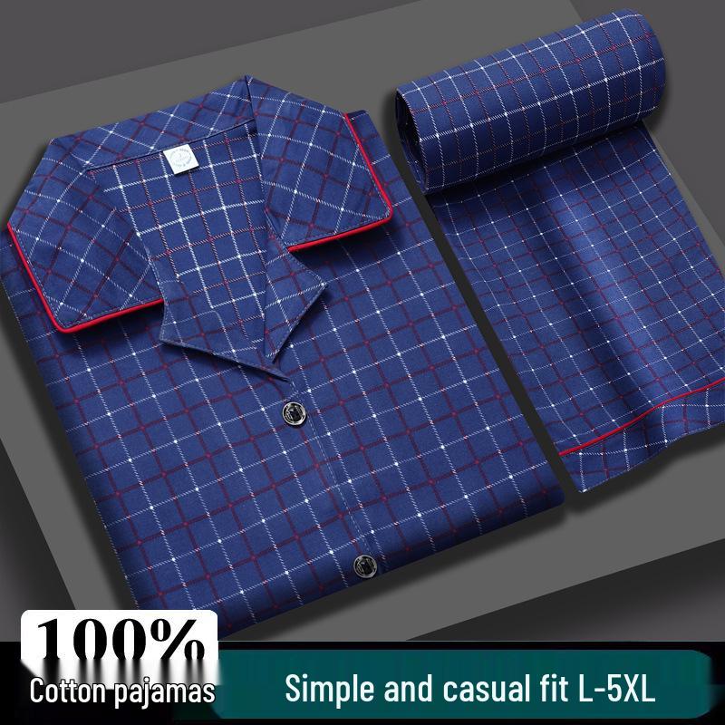 Men's Plus Size Summer Cotton Pajama Set - Short Sleeve Top and Long Pants for Middle-Aged Dads