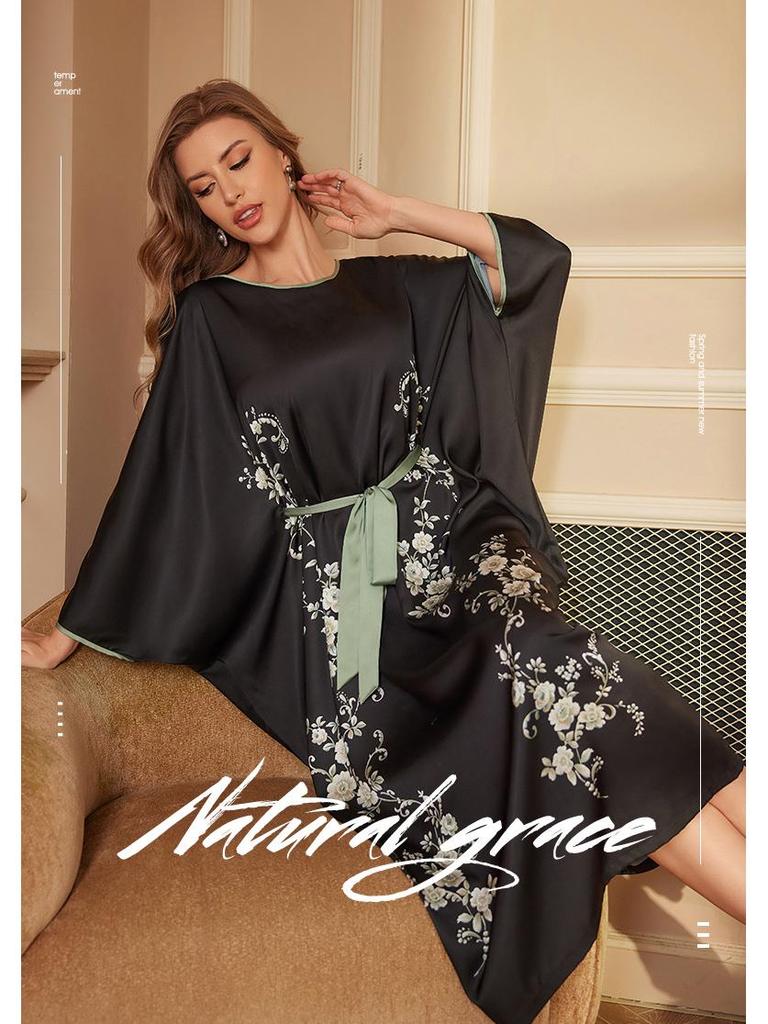 Damska Luksusowa Satynowa Długa Szata Nocna z Długim Rękawem - Wiosna i Jesień