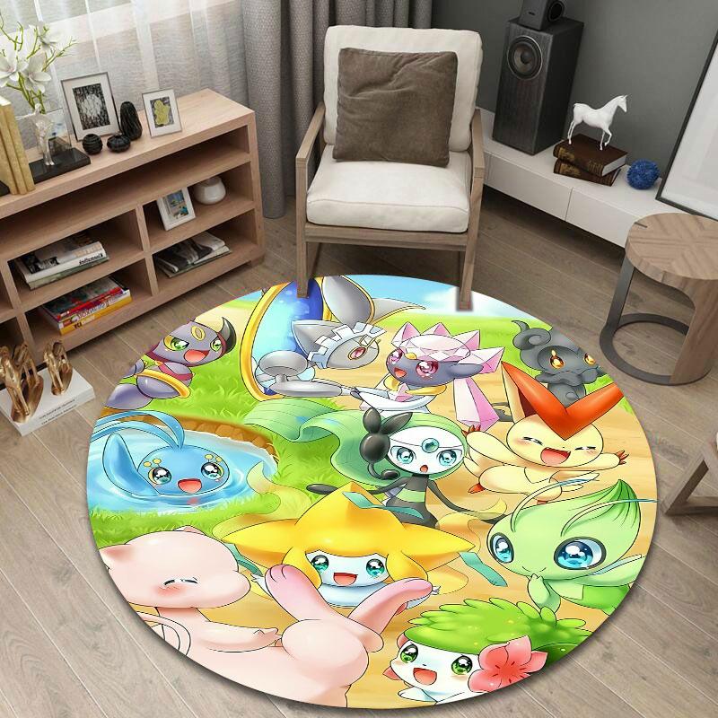 Jirachi and Mew Pokémon Mythical Friends Gathering in a Meadow Round Rug, Pastel Fairy Cartoon Style Design, Soft Non-Slip Washable Area Mat