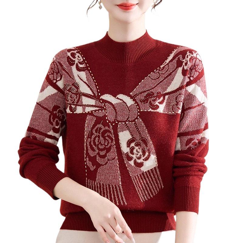 Stylish Knitted Sweater for Middle-Aged and Elderly Women – Plus Velvet Warm Winter Pullover for 50-Year-Olds
