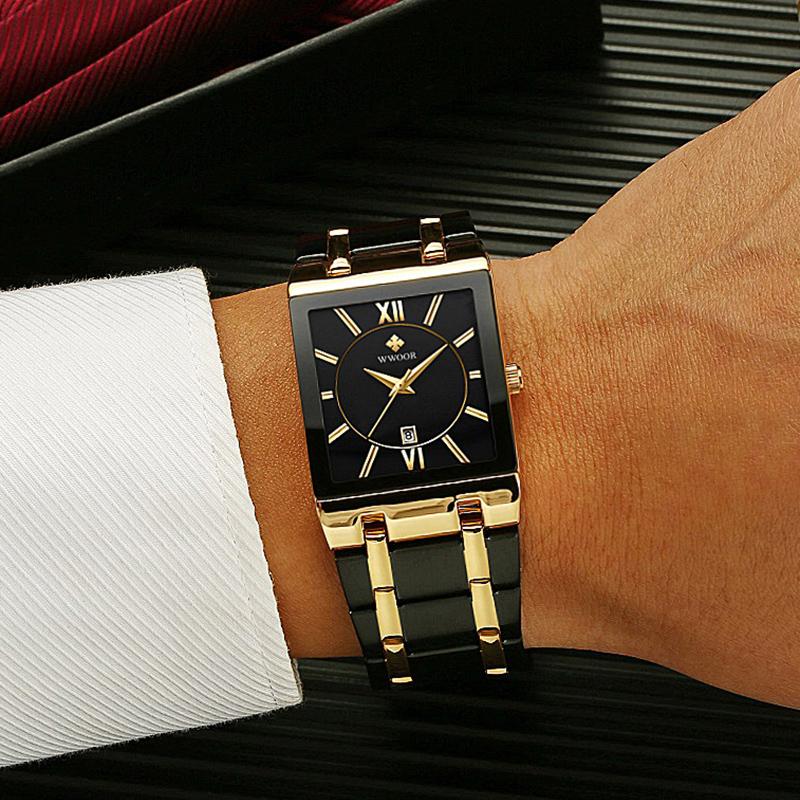 WWOOR Brand Luxury Gold Bracelet Men's Watches Fashion Square Quartz Wrist Watch For Men Stainless Steel Waterproof Reloj Hombre