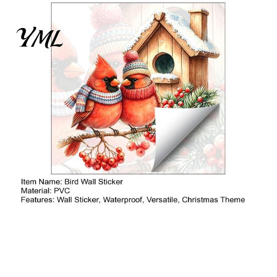 Festive Glass Door Decorations Christmas Bird Wall Sticker, Watercolor PVC Decal, Waterproof Winter Indoor Outdoor Decor Theme Window Cling for Doors