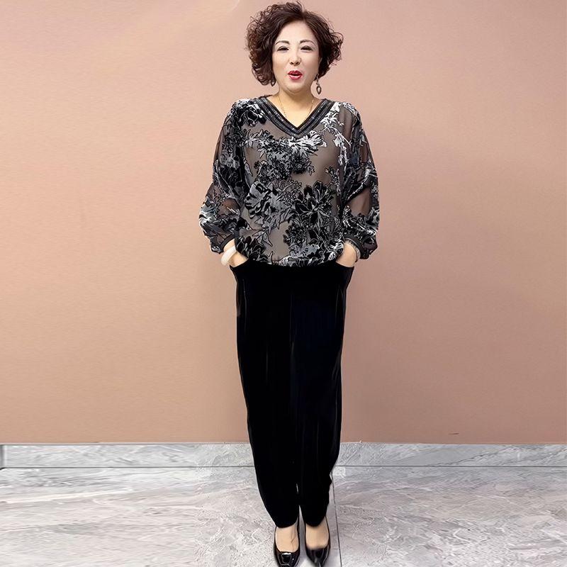 

2PCS Pants Suts Spring Summer High-end Women s Velvet Plus-Size Silk Blouse Velvet Pants Two-Piece Set Loose Flocked Printed Blouse Velvet Pants Set 7XL сірий