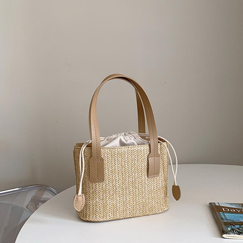 Women s Leisure Grass Woven Handbag Drawstring Bucket Shoulder Crossbody Bag FemaleTravel Bohemian Vacati Beach Bag хаки