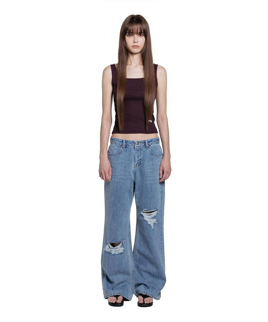 Lotaib Damage Semi-Bootcut Denim Pants - Mid Blue