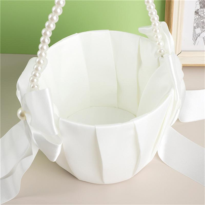 20 Cm White Flower Girls Basket Silk Wedding Basket for Flower Bride/Kids Hand Held Wedding Ceremony Party Decorations