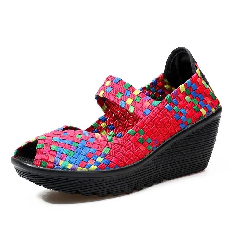 Keilabsatz-Plateau-Websandalen Mode Peep Toe Bequem Atmungsaktiv Mama-Schuhe Damen Casual Dicke Sohle Sandalias Mujer 2024