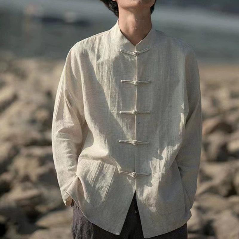 

Traditional Clothing Summer Loose Cotton Linen Shirts for Men Stand Collar Shirts Wu Tang Kung Fu Suits Top 5XL бежевий