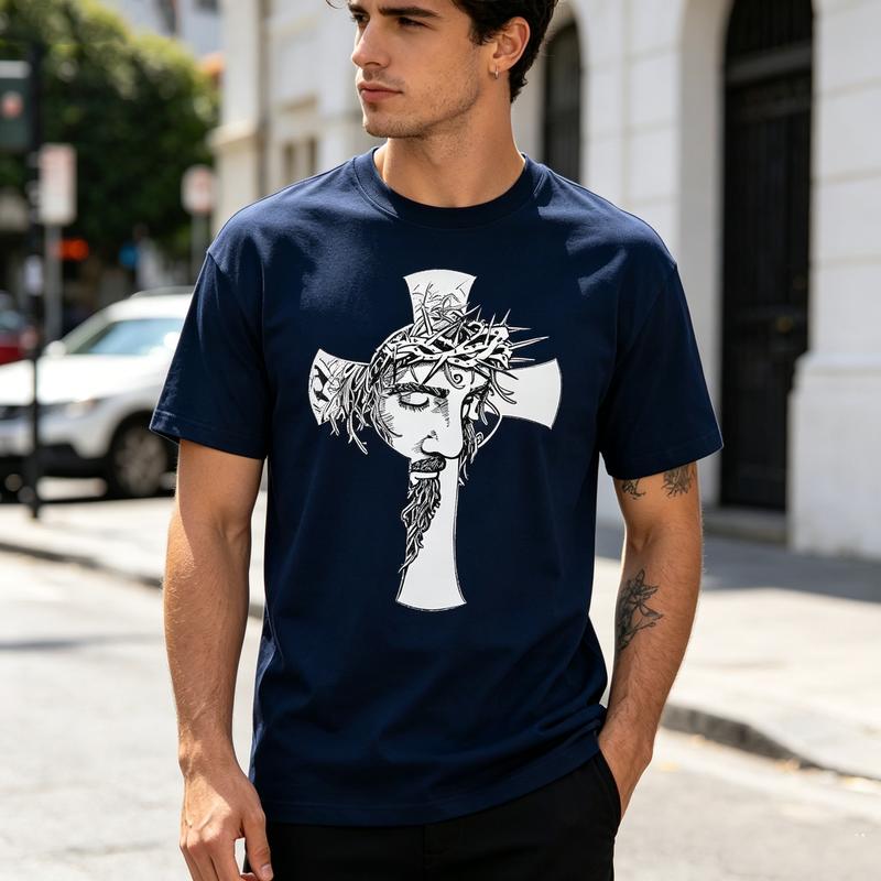 Vintage Sketch Art Jesus Face Cross Print T Shirt Christian Belief Religious Graphic Soft Cotton Tee Casual Daily Apparel