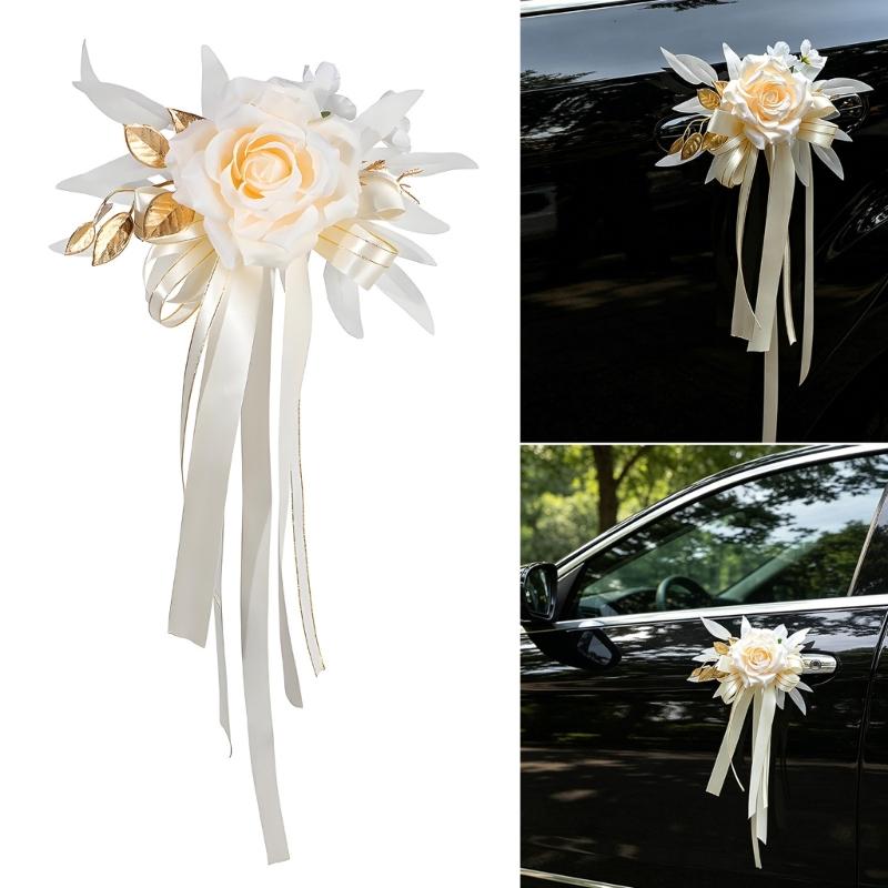 Ceremony Vehicle Handle Flower Ornament with Rose and Suction Cup for Wedding Car Styling and Photo Use
