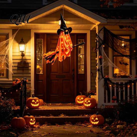 Illuminated Ghost Tree Ornaments Halloween Flying with Witch Broom, Large Lighted Hanging Decoration Indoor Party Wall Decorations Hat for Lawn Patio