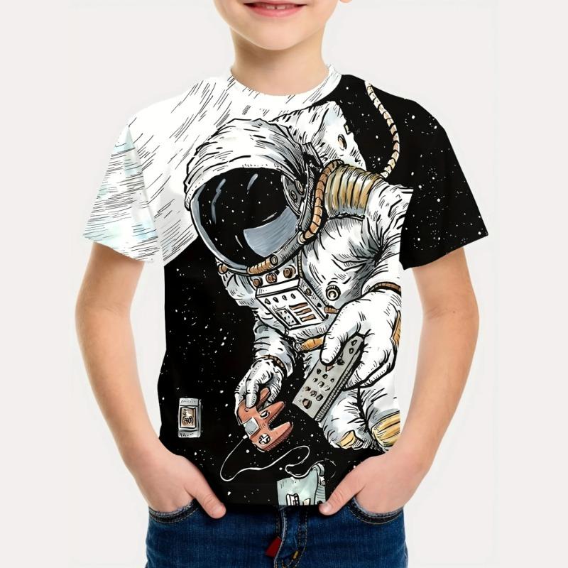 2026 Kids Clothes Summer Cartoon Astronaut Round Neck Short Sleeve 110