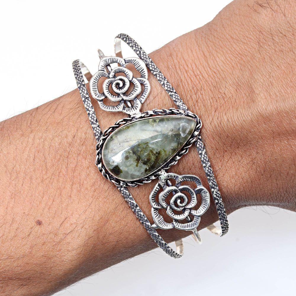 Prehnite Marlene Gemstone Handmade Silver Jewelry Cuff Bracelets 7''Adjustable
