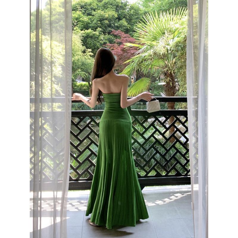 The Real Shot Is Green, Jiangnan Shore Wind Slim-fitting Waist Tube Top Straight Knitted Long Dress