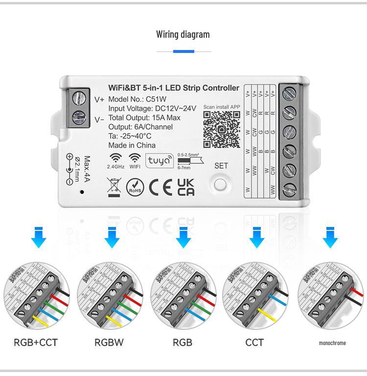 TUYA WiFi LED Strip Controller C51W: Supports Single, Dual Color, RGB, RGBW, and RGBCW.
