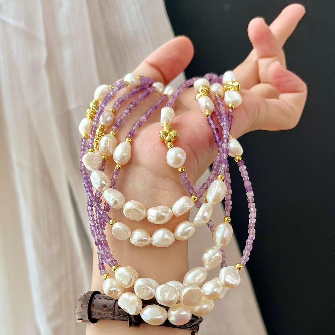 Vintage High Quality Natural Amethyst Sugar Cube Freshwater Baroque Pearl Collarbone Chain Necklace