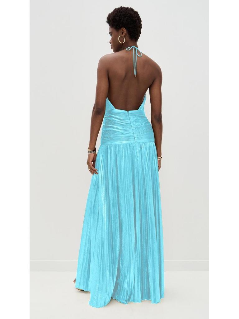 European and American Women's Metallic Pleated Slit Halter Dress Sleeveless Backless Lace-Up 8155