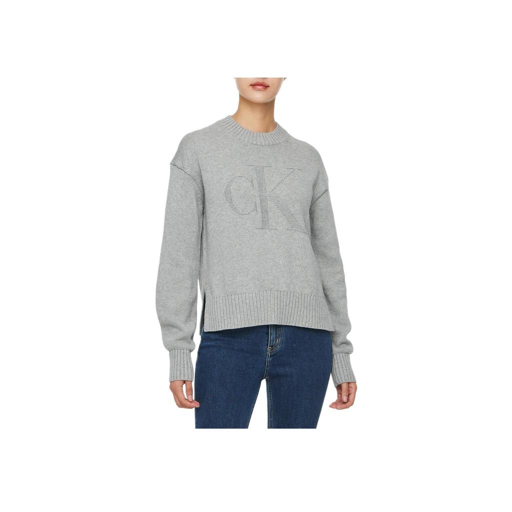 Calvin Klein Jeans Solid Letter Embroidered Loose Fit Crew Neck Sweater Women sweater Gray J224224-P41