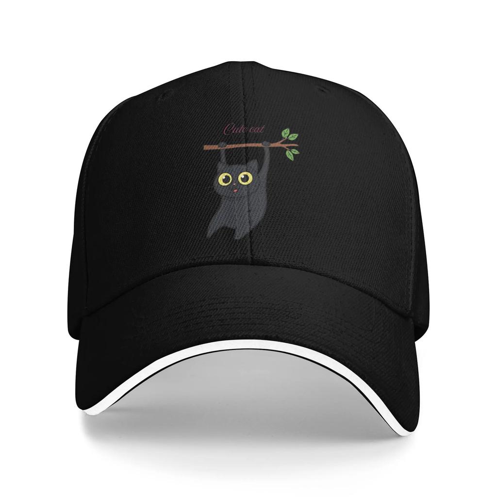 Cute Black Cat Hanging On Casual Baseball Cap Spring Trucker Hat Adjustable Outdoor Sports Snapback Cap Unisex Unisex Fashion Caps