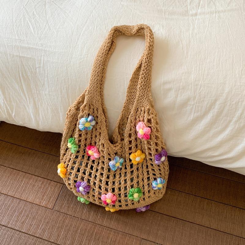 Large capacity high-end flower tote bag women's new summer fashion hollow woven shoulder bag