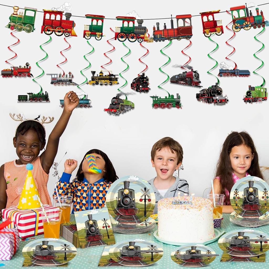 party greeting 109Pcs Train Birthday Party Supplies Includes Steam Train Party Plates Napkins Fork Retro Train Banner Hanging Ceiling Swirls for
