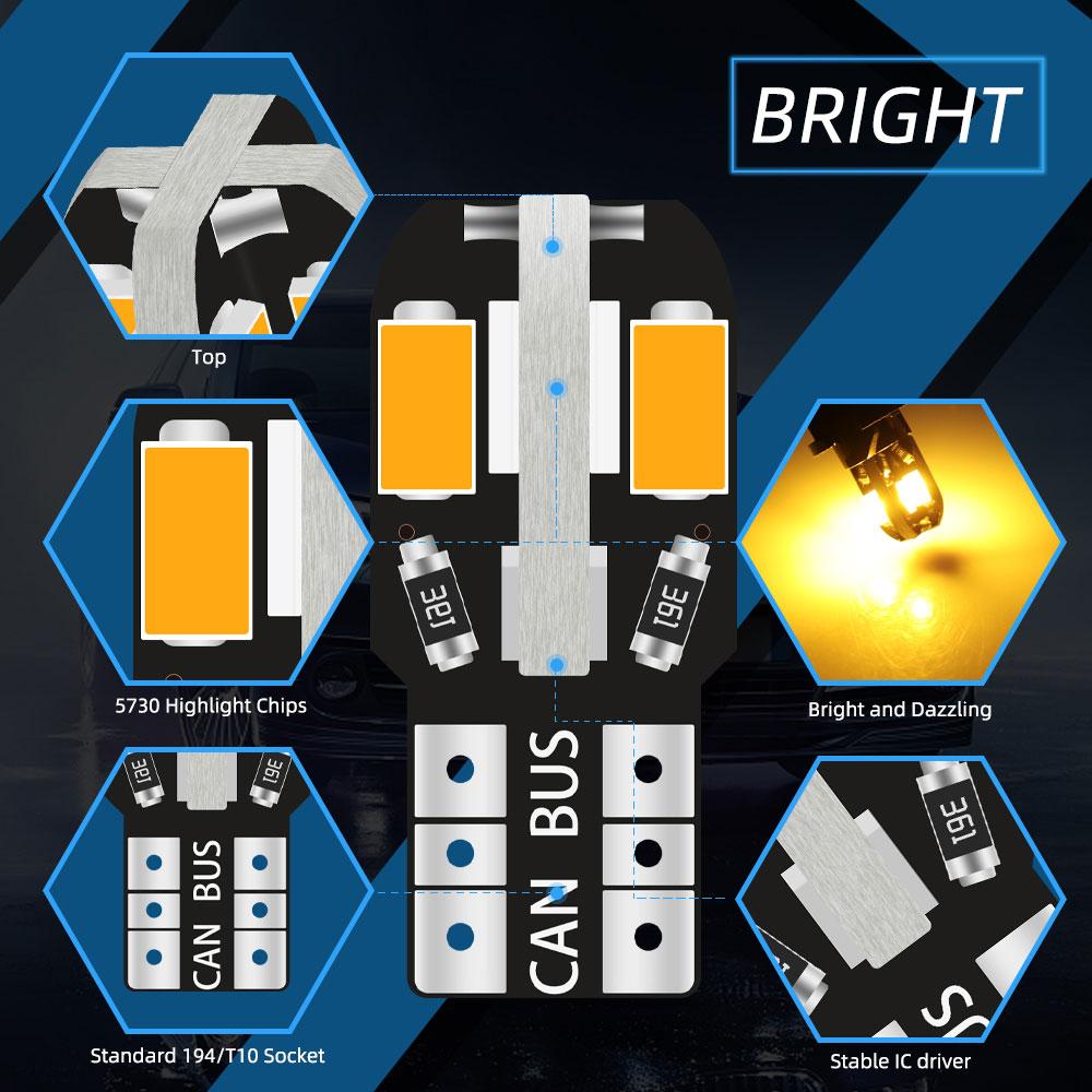 20pcs W5W T10 LED Bulbs Canbus 5730 8SMD 6000K 194 168 LED Car Interior Map Dome Lights Parking Light Auto Signal Lamp 12V Dome Lights 6