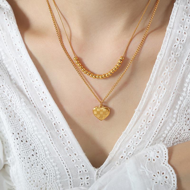 French Double Layer Heart Pendant Necklace, 18K Gold Titanium with Peach Heart & Round Bead Design - Trendy and Versatile Jewelry