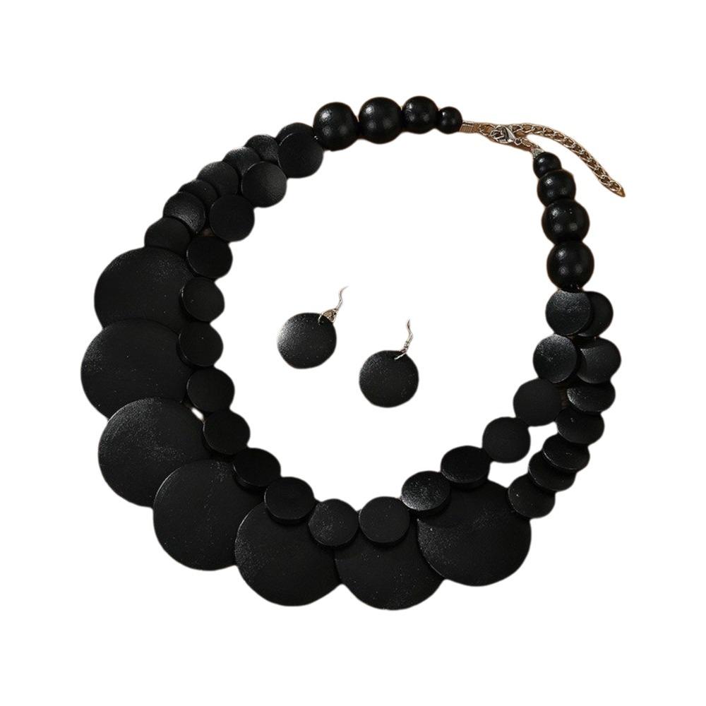 Necklace Wooden Beaded Necklace Double-layer Jewelry Set Exaggerated Round Necklace  Beach чёрный