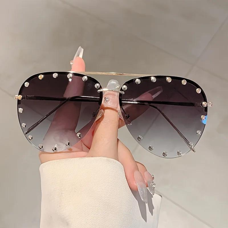 Ladies Rimless Pilot Sunglasses Luxury Brand Designer Metal Frame Gradient Large Colored Sun Glasses Shadow For Women UV400