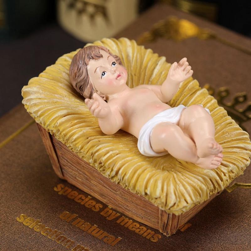 Resin Baby Jesuses in a Manger Nativity Figurines Nativity Collectible Statue Holy Faith Gift Christian Holiday Decors
