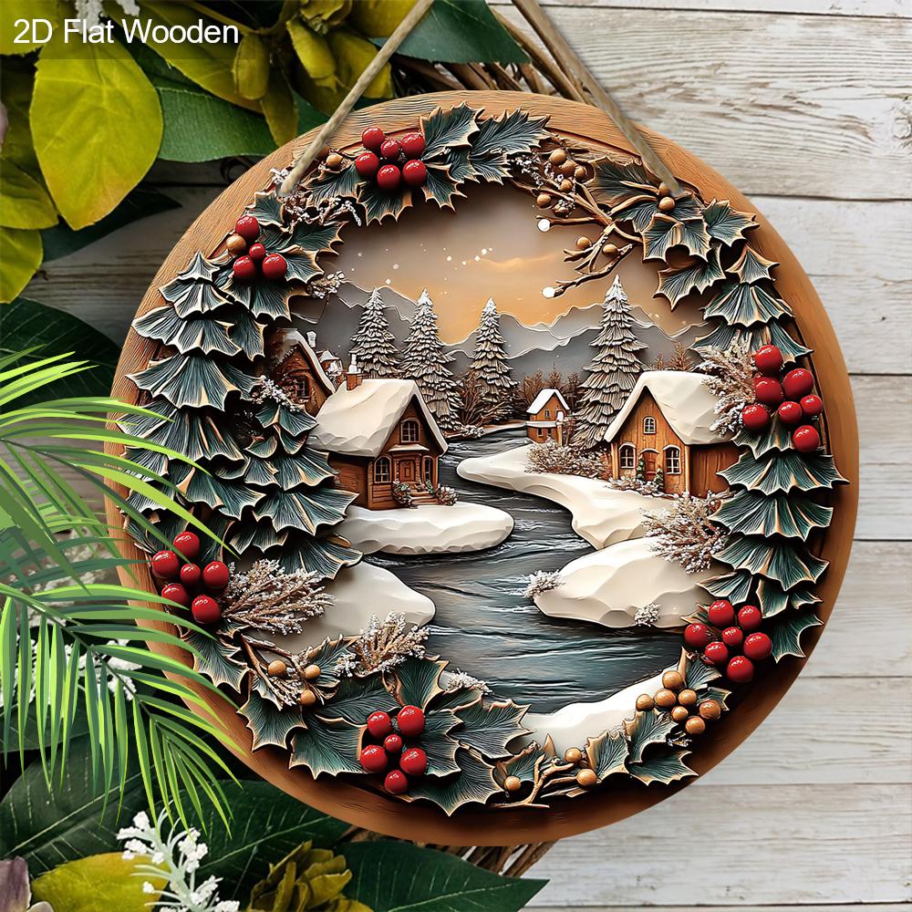 Rustic Christmas Wooden Sign with Snowy House Pattern - Navidad Round Sign for Front Door, Wall Hanging Decor - Ideal Christmas Decor