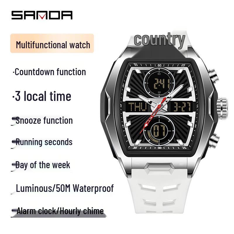 Sanda Dual Display Waterproof Barrel-Shaped Electronic Watch with Alarm for Students and Parties
